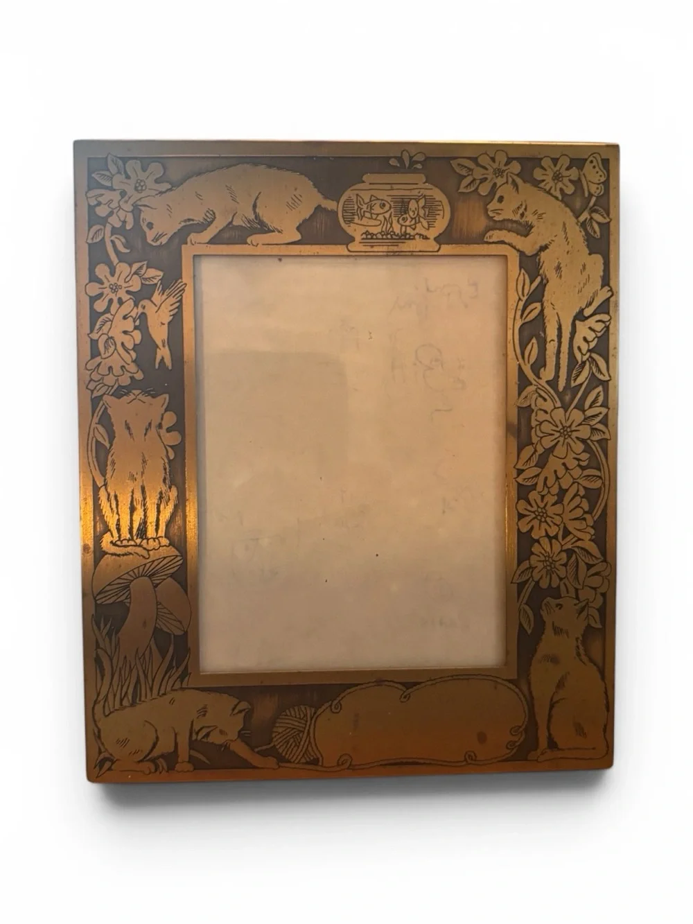 Vintage Brass Cat Art Nouveau Photo Frame MW Carr & Co Embossed 5” x 6” Stamped